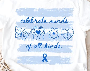 Celebre Mentes de Todos os Tipos PNG, Conscientização do Autismo PNG, Design de Camiseta Listrada para Professor de Educação Especial (Download Digital)