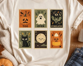 Halloween Overstimulated PNG, Fall Overstimulated Shirt Design, Vintage Postage Stamps Sublimation (Digital Download)