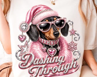 Glamouröser Dackel (PNG), Design für ein schickes rosa Weihnachts-Hundeshirt, Glitzernde Weihnachtsgrafik (Digitaler Download)