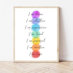 Colgante de pared de chakras / Impresión de arte de pared de chakras / Cartel imprimible de 7 chakras / Afirmaciones de chakras / Cartel espiritual / Decoración de pared motivacional