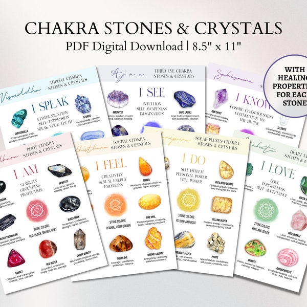 Chakra crystals cards, crystal meaning cards, chakra crystal healing properties guide, chakras stones printable card set, digital download