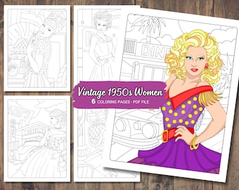Hand-drawn Vintage 1950s Women Coloring Pages | Retro Fashion Printable Art | Printable Coloring Sheets | Digital Download | PDF Print
