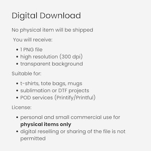 Puede incluir: Fondo blanco con el texto "Descarga Digital". El texto describe el producto digital, incluyendo un archivo PNG, alta resoluci&oacute;n y fondo transparente. Adecuado para camisetas, bolsas de mano, tazas, sublimaci&oacute;n y servicios POD. Se incluyen los detalles de la licencia.