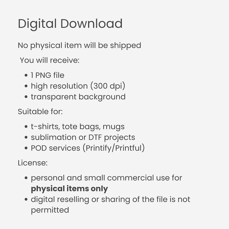 Puede incluir: Fondo blanco con el texto "Descarga Digital". El texto describe el producto digital, incluyendo un archivo PNG, alta resoluci&oacute;n y fondo transparente. Adecuado para camisetas, bolsas de mano, tazas, sublimaci&oacute;n y servicios POD. Se incluyen los detalles de la licencia.