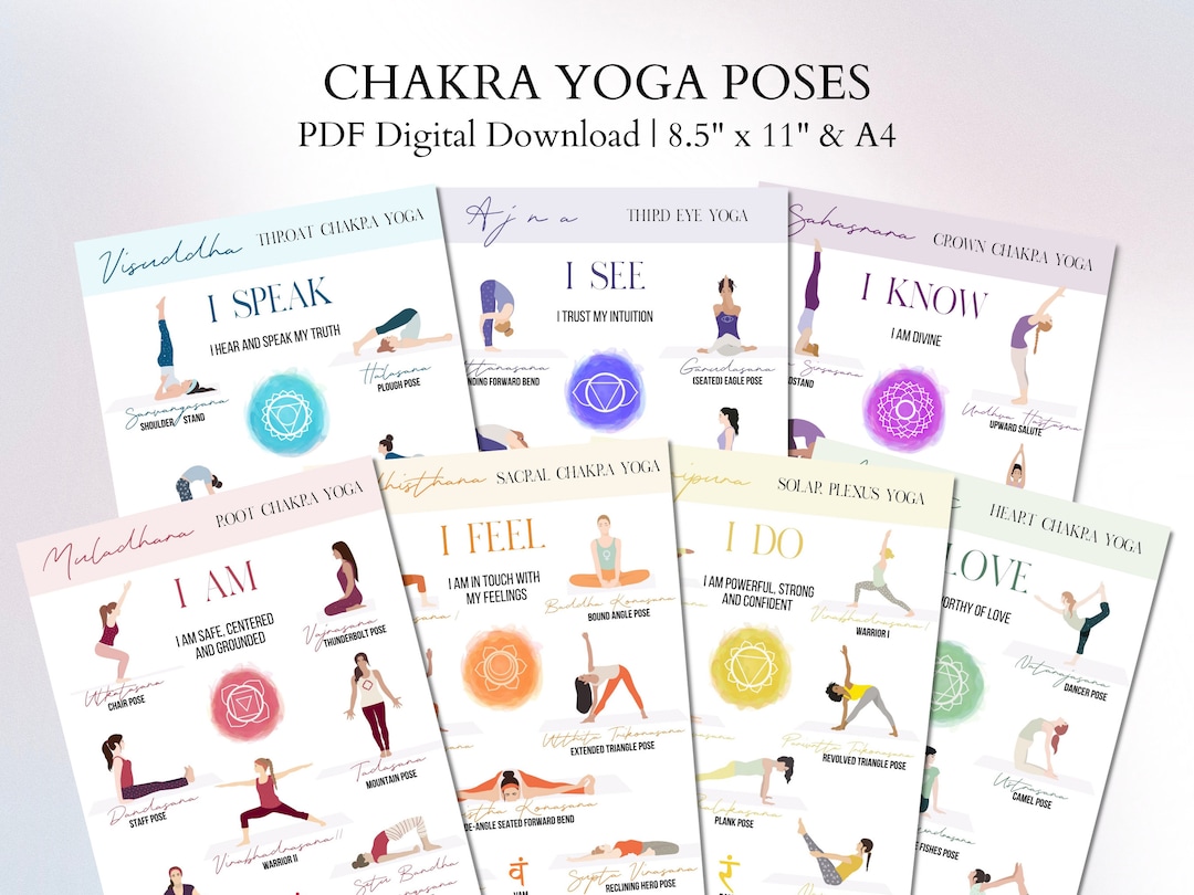 Chakra Print, Chakra Yoga Printable Chart, 7 Chakras Yoga Poses, Chakra