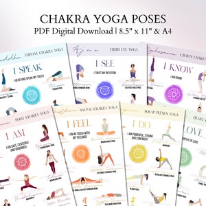 Könnte beinhalten: Eine druckbare Tabelle mit Illustrationen von Yoga-Posen für jedes Chakra. Die Tabelle enthält den Namen jedes Chakras, die entsprechende Farbe und die Affirmation, die mit diesem Chakra verbunden ist. Die Tabelle ist für den Druck auf Papier im Format 8,5 x 11 Zoll oder A4-Papier konzipiert.