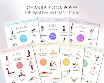 Chakra print, chakra yoga printable chart, 7 chakras yoga poses, chakra poster, chakra asana info sheet, instant download chakras guide