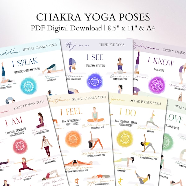 Chakra print, chakra yoga printable chart, 7 chakras yoga poses, chakra poster, chakra asana info sheet, instant download chakras guide