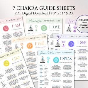 Juego de cartas de chakras / Hojas de referencia de chakras / Gráficos de chakras imprimibles / Póster de información sobre chakras / Equilibra desequilibrios / Guía de sanación energética