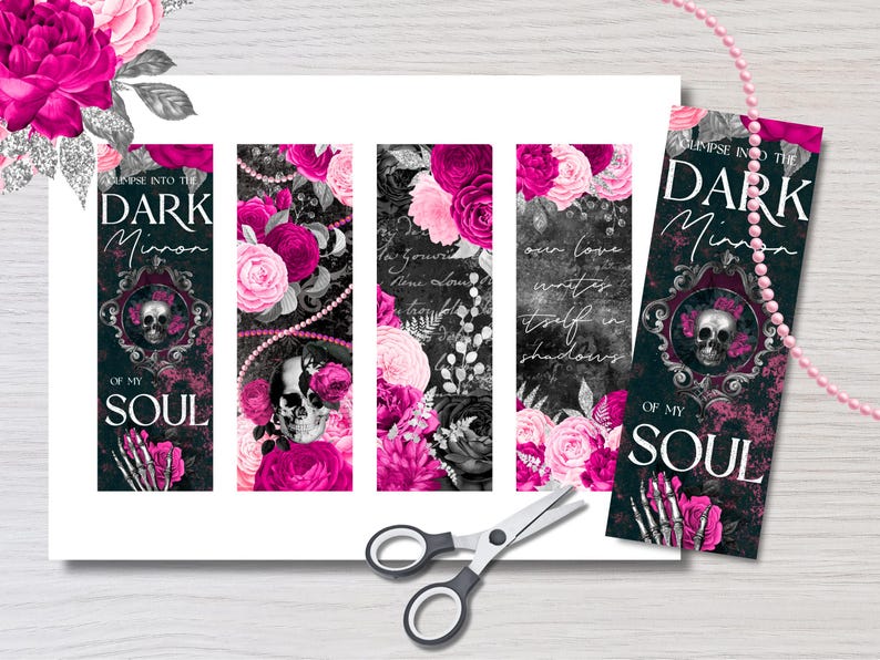 Gothic Skull & Roses Bookmarks: Dark Romance Printables in Hot Pink and ...