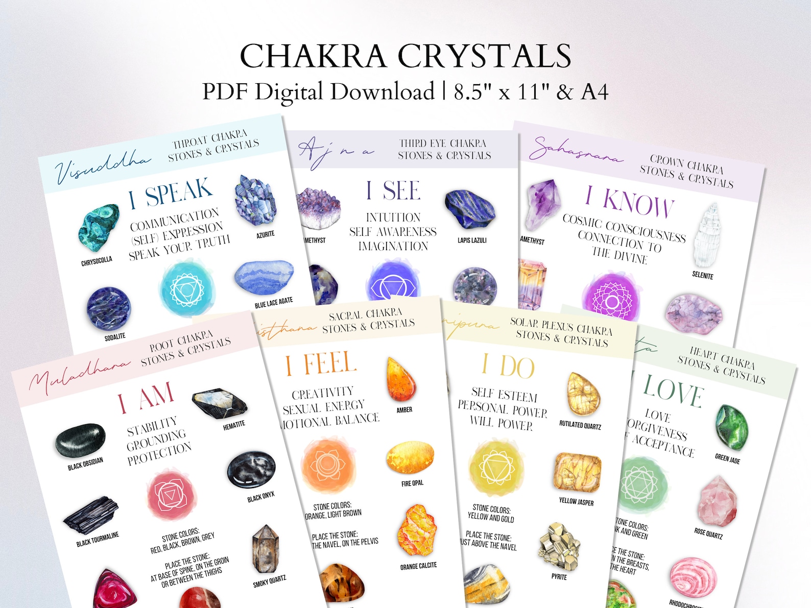 Chakra Crystals Print, Chakra Stones Printable Chart, Gemstone Therapy ...