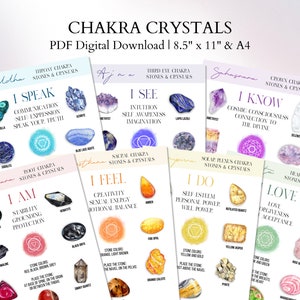 Może przedstawiać: Zestaw siedmiu drukowanych kart przedstawiających kryształy czakr i ich odpowiadające kolory. Każda karta zawiera nazwę czakry, mantrę czakry oraz listę kamieni i kryształów związanych z tą czakrą. Karty są przeznaczone do użytku w praktykach medytacyjnych i uzdrawiających.