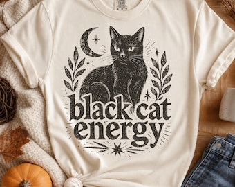 Black Cat Energy PNG, Halloween Vintage Distressed PNG, Trendy Fall Shirt Design, Linocut Sublimation (Digital Download)