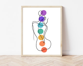 Impresión artística lineal de Chakra Woman, silueta femenina (descarga digital)
