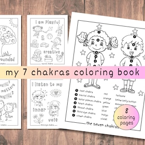 May include: A coloring book titled "my 7 chakras coloring book" with eight coloring pages. The pages feature line drawings of children, trees, and other objects, with text describing the chakras and their associated colors.