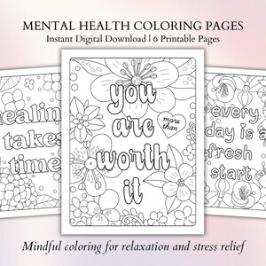 Psychische Gesundheit Motivationszitate Malseiten - Handgezeichnete Stressabbau Malseiten für Erwachsene und Jugendliche, digitaler Download - Set 4