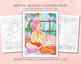 Hand-drawn Mental Health Coloring Pages, Relaxing Mindfulness Quotes Coloring Sheets for Anxiety and Stress Relief, PDF Download - Set 2