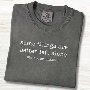 Puede incluir: Una camiseta gris oscuro doblada con el texto blanco "some things are better left alone like me, for instance". La camiseta tiene una etiqueta Comfort Colors.