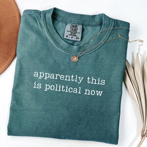 Op de afbeelding: Een teal Comfort Colors t-shirt met de tekst "apparently this is political now" in het wit. Een gouden ketting met een kleine hanger ligt op het shirt. Een bruine hoed en een gedroogde plant staan op de achtergrond.