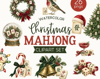 Christmas Mahjong Watercolor Clipart Bundle, 26 PNG, Instant Download, Commercial Use