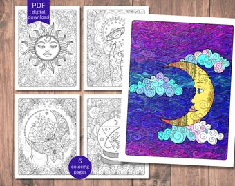 Celestial Mystical Mandala Patterns: Hand-drawn Printable Coloring Pages for Stress Relief - Instant Download