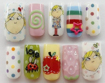 Pink Milk | Pastel Press On Nails | Polkadot Kidcore Nails | Reusable Gel Nails | Hand Painted Cartoon Nails | Charlie And Lola Inspired