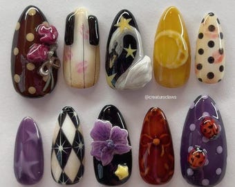 Hand-Painted Polkadot Swan Press On Nails: Kidcore Reusable Gel Nails