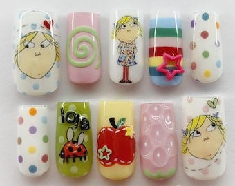 Pink Milk | Charlie And Lola INSPIRED Nails | 2000s Nails | Nostalgia Core | Kidcore Nails | Nostalgic Press On Nails | Hand Painted Nails