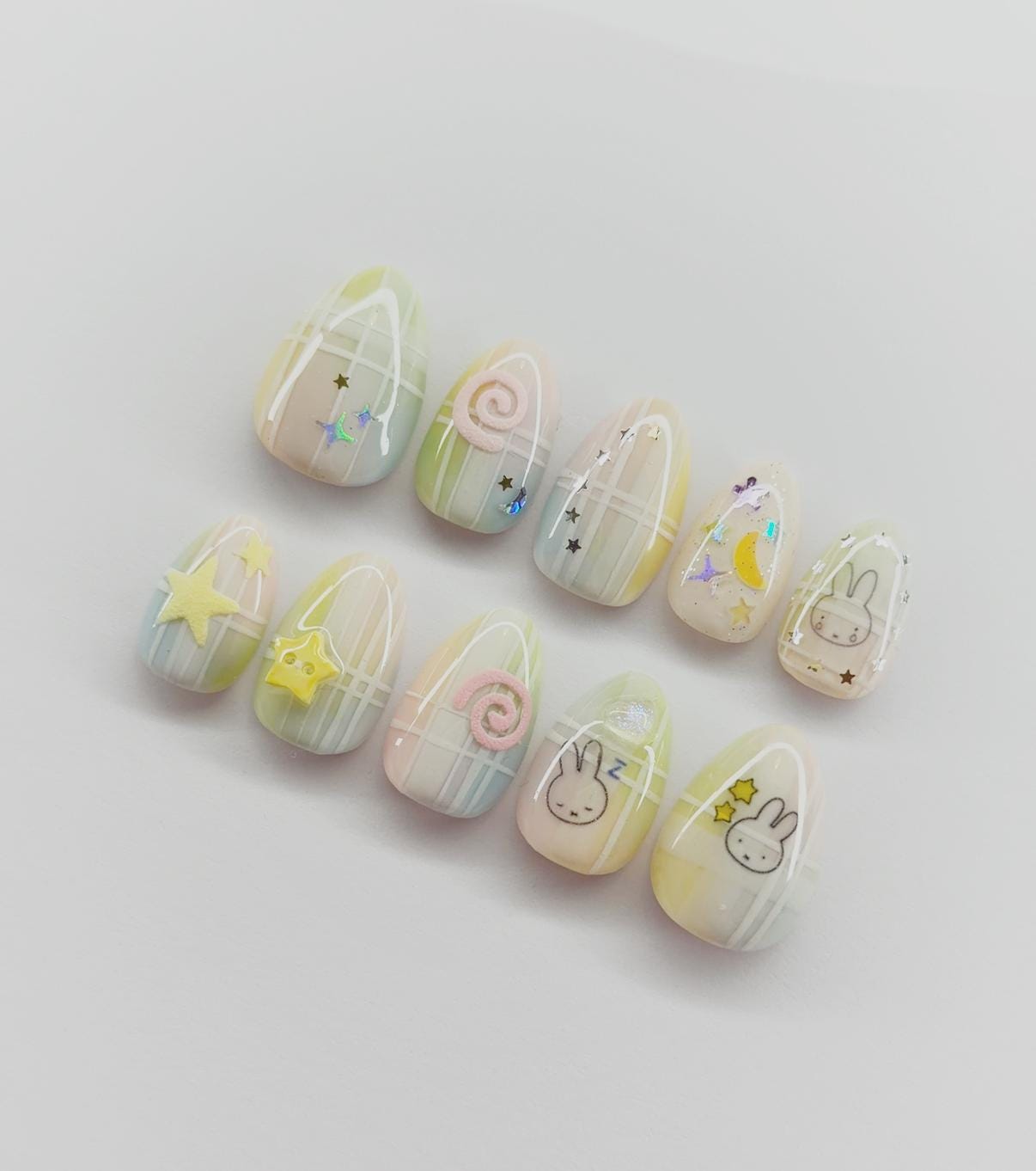 Pastel Plaid Nails | Cute Bunny Press on Nails | 2000s Nostalgia Core ...