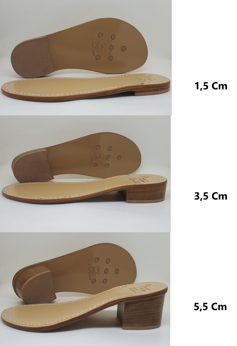 May include: Three pairs of leather sandal soles with different heel heights. The soles are brown and have a textured surface. The heels are made of wood and are brown. The heel heights are 1.5 cm, 3.5 cm, and 5.5 cm.