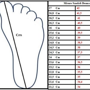 May include: A chart showing women's sandal sizes in centimetres and corresponding European shoe sizes. The chart includes a diagram of a foot with a line indicating the measurement point for foot length.