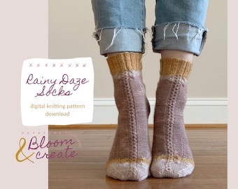 Rainy Daze Socks // Simple Cabled Sock Pattern // Textured Knitting Pattern // Bloom and Create Designs