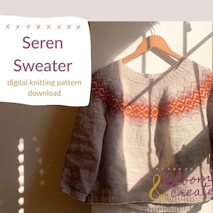 May include: A beige knitted jumper with a colourful geometric pattern on the front. The jumper is hanging on a wooden hanger against a white wall. The text "Seren Sweater" and "digital knitting pattern download" is visible in the image.