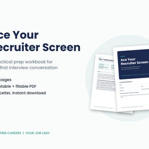 Puede incluir: Un libro de ejercicios en PDF de 23 páginas, imprimible y rellenable, titulado Ace Your Recruiter Screen. El documento presenta un encabezado azul oscuro con texto blanco y secciones estructuradas para la preparación de entrevistas.