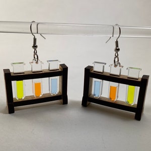 Test Tube Rack Earrings Acrylic and Wood | Chemistry Flask Science Dangle Earrings