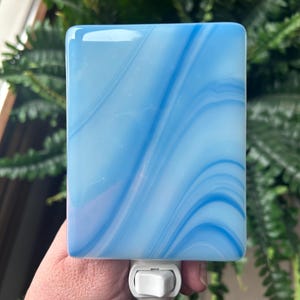Swirling Sky Blue Fused Glass Nightlight, Streaky Blue Handmade Plug-in Light, Modern Lighting Decoration, Waves and Water Glass Art