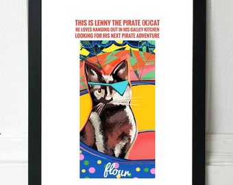 A3 ANIMAL ART PRINT, Lenny, The Pirate (K)Cat, Funny Animal Print