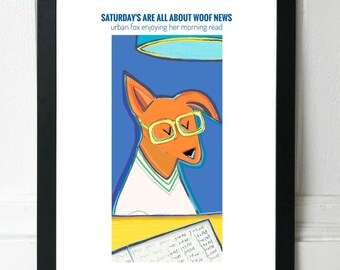 A3 ANIMAL ART PRINT, Saturdays with Urban Fox, Funny Animal Print