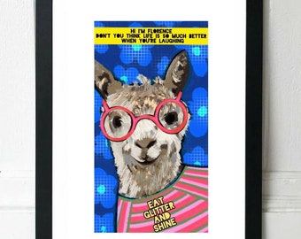 A3 ANIMAL ART PRINT, Florence. The Llama, Funny Animal Print