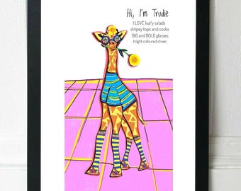 A3 ANIMAL ART PRINT, Trudie, The Giraffe, Funny Animal Print
