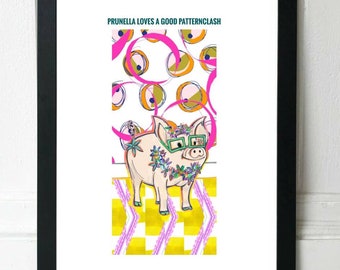 A3 ANIMAL ART PRINT, Prunella, The Pig, Funny Animal Print