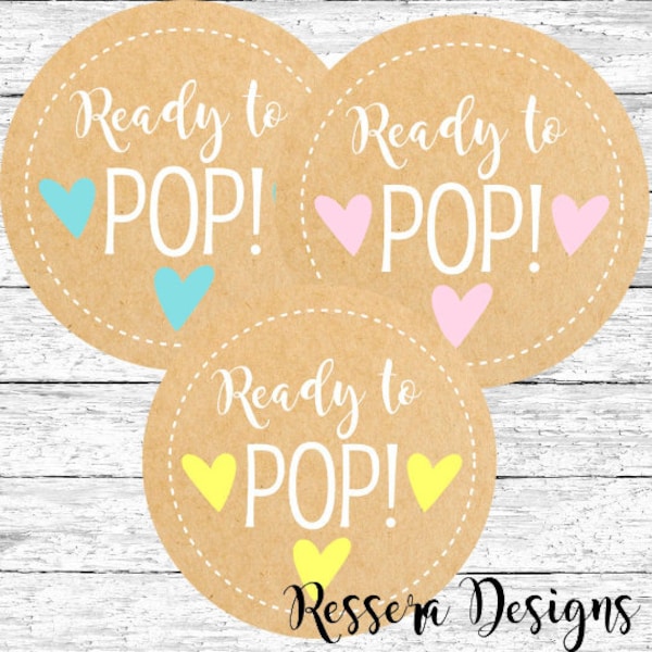 Ready to POP! Baby Shower Party Sticker Labels, Set of 12 - Kraft Color with hearts | She's Ready to POP ! / She's going to POP! / Popcorn