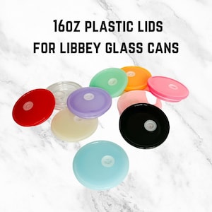 May include: A collection of colorful 16oz plastic lids for Libbey glass cans. The lids are in various colors, including red, clear, green, orange, pink, black, purple, and light blue. The text "16oz Plastic Lids For Libbey Glass Cans" is displayed at the top.