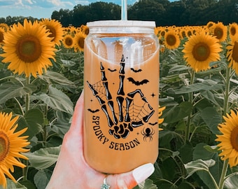 Spooky Season Coffee Can Glass | Skeleton Coffee Glass | Fall Coffee Mug | 16 oz Libbey Glass | Coffee Glass | Halloween Spooky Coffee Can