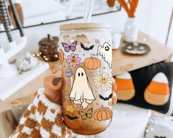 Vidrio de lata de café espeluznante retro / Vaso de café fantasma / Taza de café de Halloween / Vaso de café de calabaza / Vaso de café / Café espeluznante de Halloween