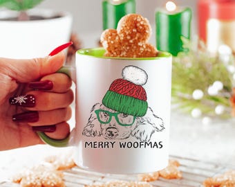 Holiday Dog Mug | Cute Hipster Pup | Colorful Handle Mug | Ceramic, 11oz | Dog Christmas | Dog Mug