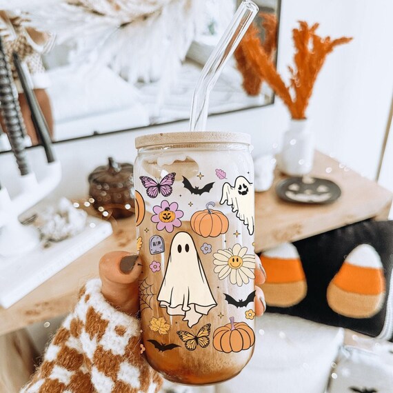 Retro Spooky Coffee Can Glass | Ghost Coffee Glass | Halloween Coffee Mug | Pumpkin Coffee Glass | Coffee Glass | Halloween Spooky Coffee