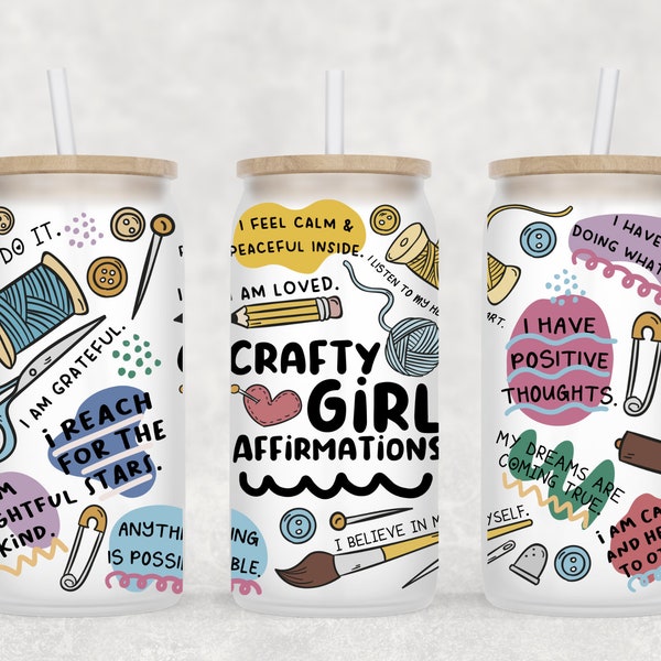 Crafty Girl Affirmation Beer Glass Jar | Craft Coffee Cup Glass | Beer Can Glass | Gift for Her | Iced Coffee Glass | Daily Reminders Mug