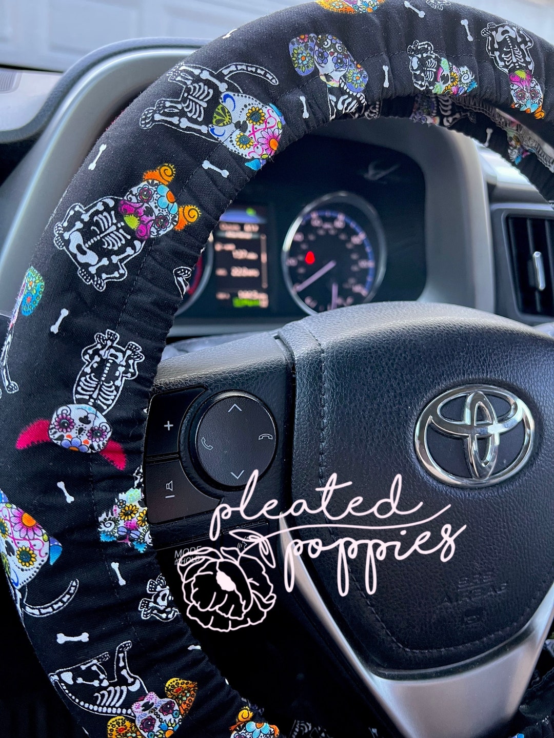 Sugar Skull Dog Steering Wheel Cover With Grip Fabric Etsy