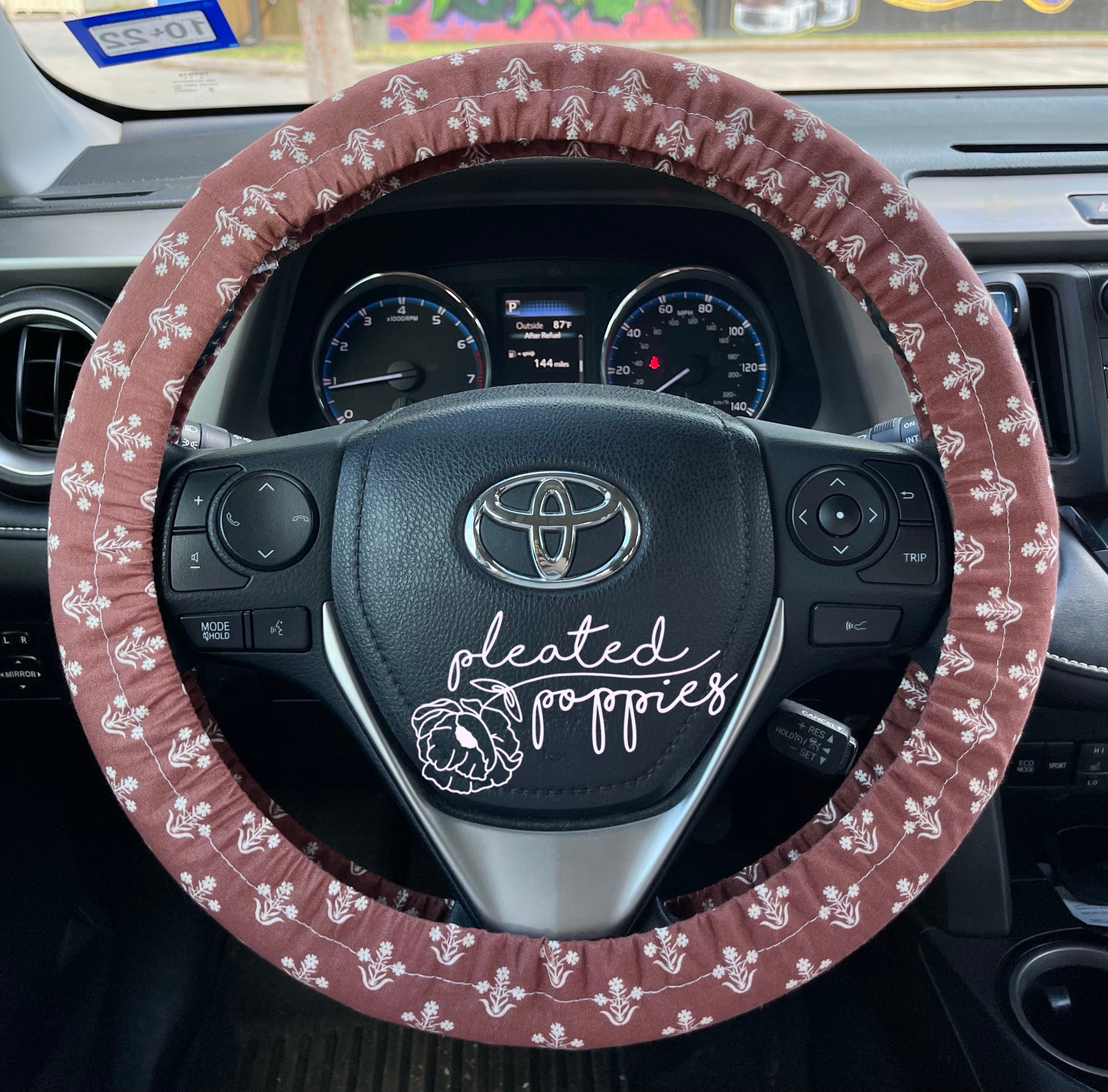 Rust Boho Floral Steering Wheel Cover With Grip Fabric Lining 